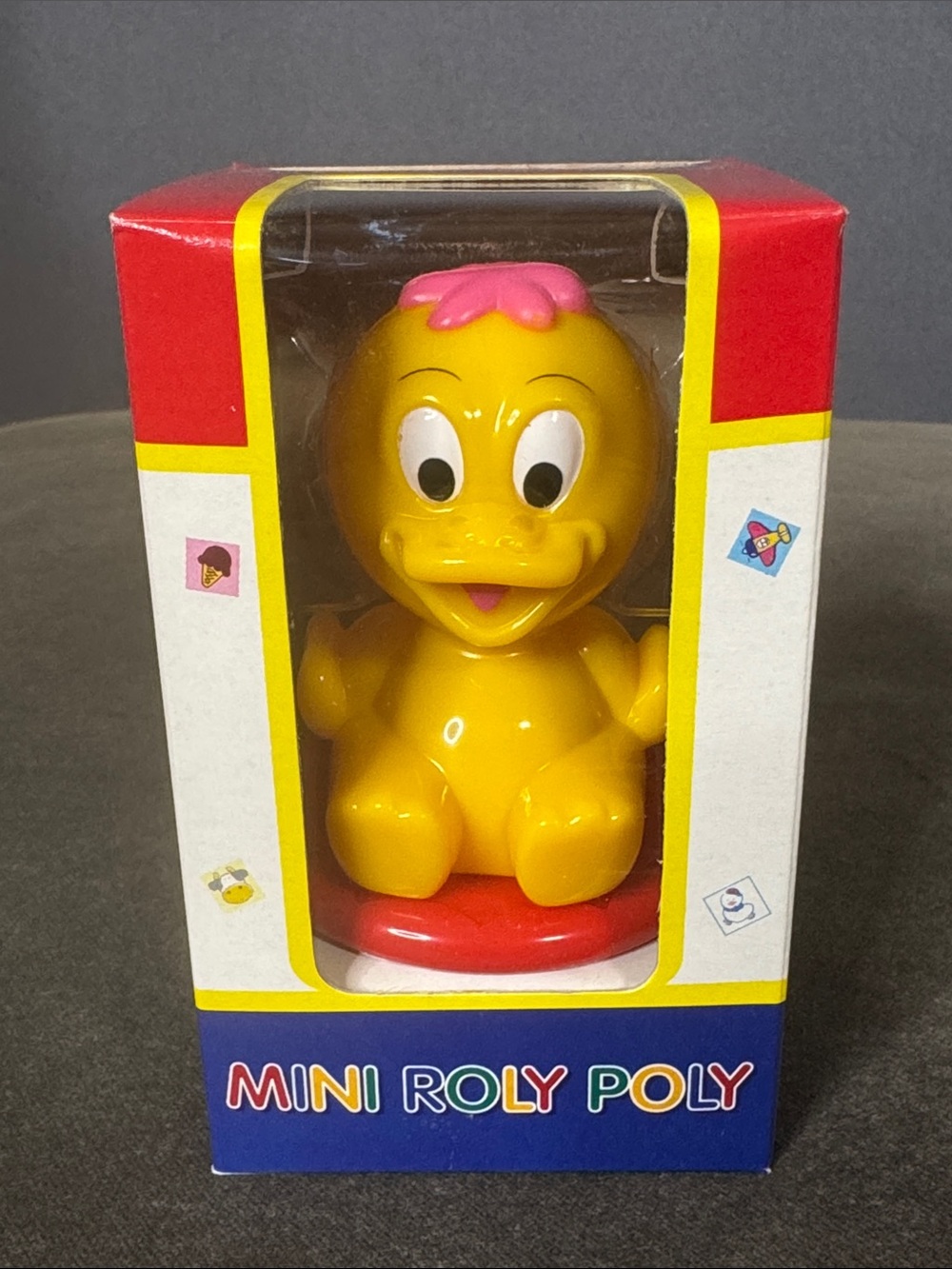 Vintage Yellow Duck Mini Balancing Toy Roly Poly Red Rattle Base NEW OLD STOCK